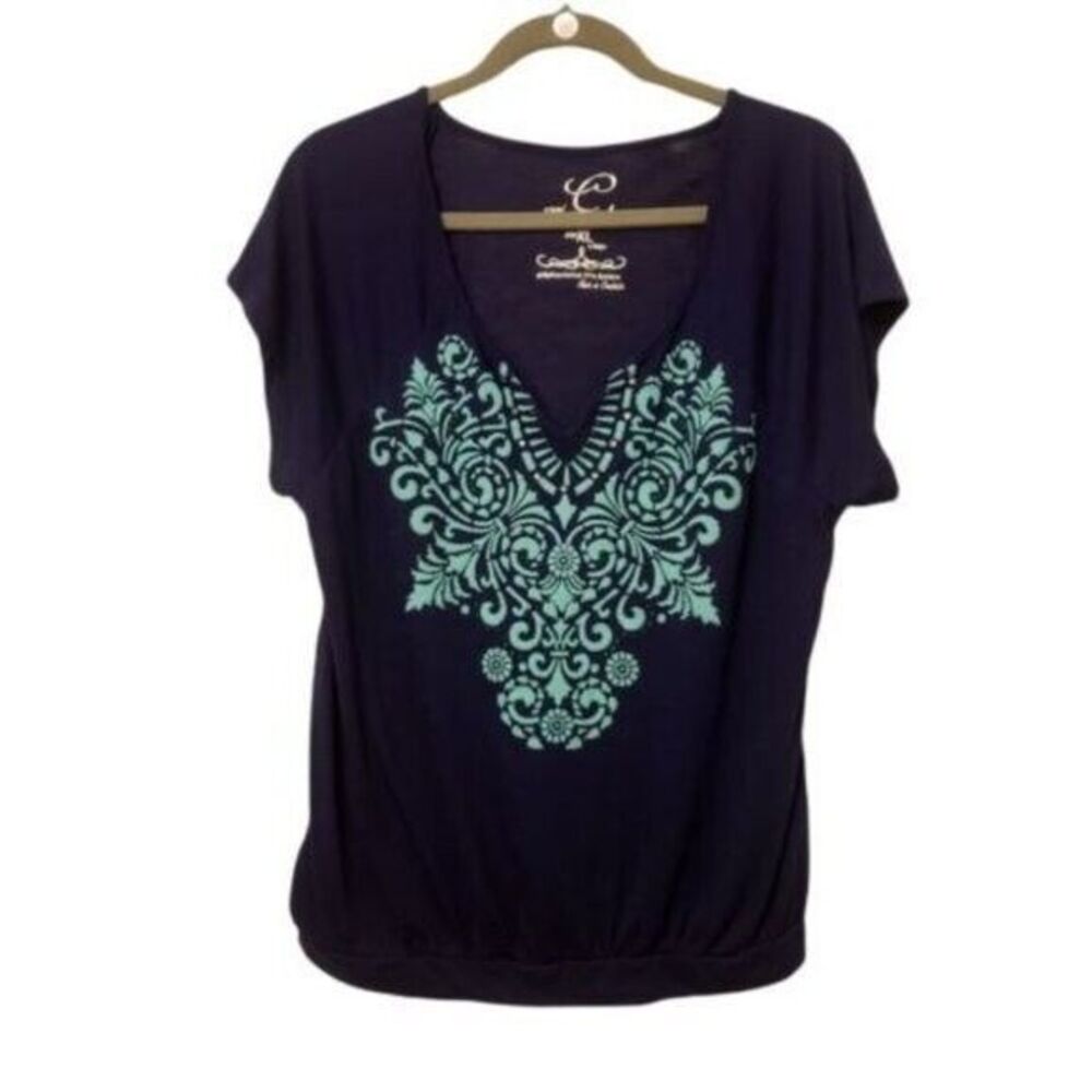 Currants Womens Sz XL Blue  Geometric Short Sleeve Blouse